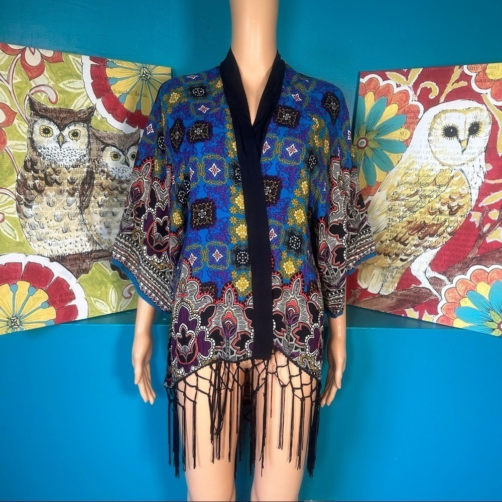 Flying Tomato Kimono Cardigan Women's Small Boho Festival Fringe Trim Open Front